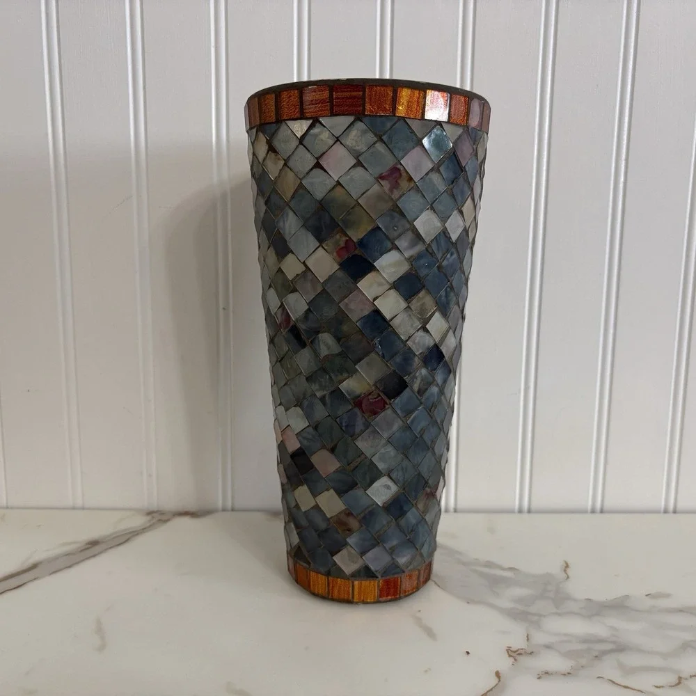 Three Hands Corp Art Glass Mosaic Tile Vase Gray Bronze Warm Tone Candle Glow
